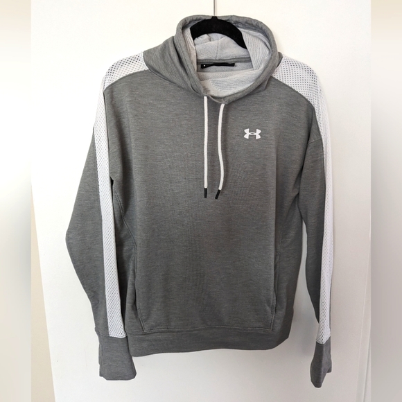 Under Armour. Grey pullover with mesh embellishment on sleeves. EUC. - Picture 1 of 3